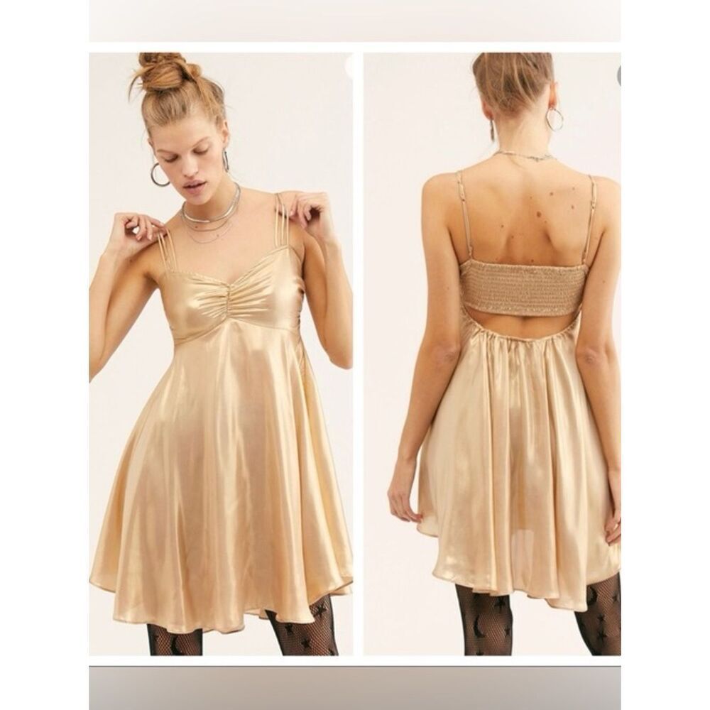 Free People Just Dance Babydoll
Slip Gold Satin Spaghetti-Strap Mini Dress